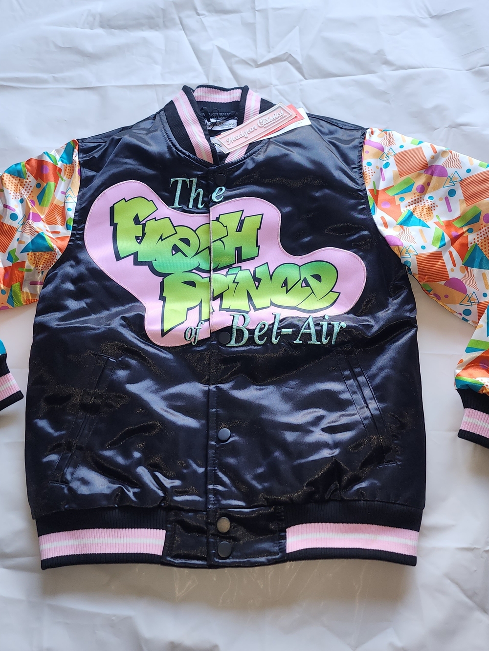 NOSTALGIA FRESH PRINCE RETRO SATIN JACKET BLACK/GREEN SIZE YOUTH KIDS BOYS MEDIU